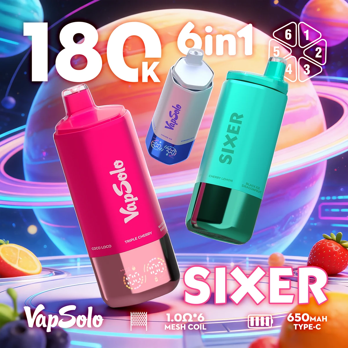 VapSolo Sixer 180K 6in1 eldobható vape – hat íz, 180 000 slukk